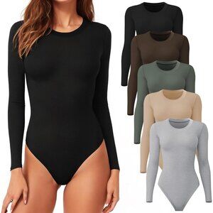 Women's 5 Pack Black Nude Gray Green Coffee Long Sleeve Bodysuit Neck Crew Tops